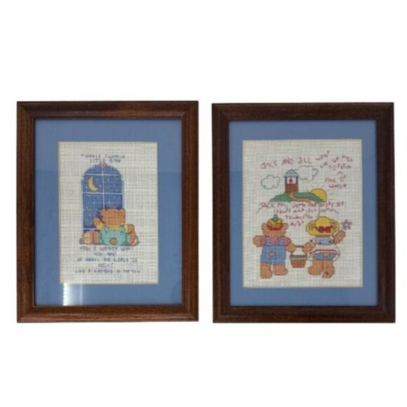 Vintage Pair Framed Cross Stitch Nursery Rhymes Twinkle Twinkle & Jack and Jill - Picture 1 of 5